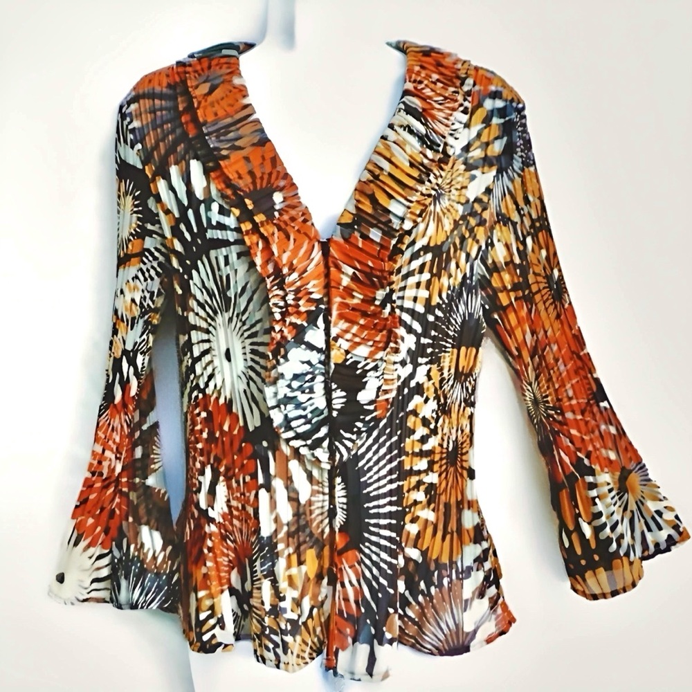 SUNNY LEIGH Orange Brown Floral Crinkle Pleated V-Neck Blouse Top XL L